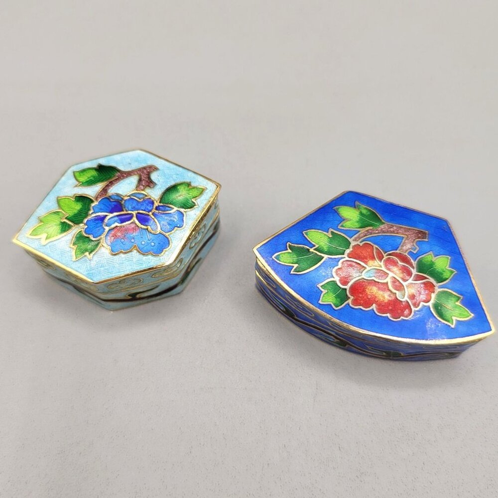 Vintage Cloisonne Enamel Trinket Pill Boxes Hexagon and Fan Shape Floral Set 2